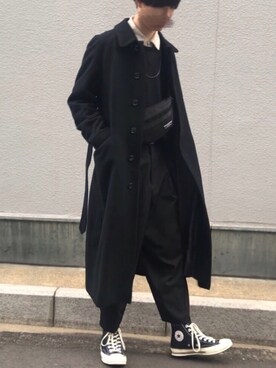 「TAKEO KIKUCHI（タケオキクチ）のアイテム（ステンカラーコート）」を使った、mashiさん（メンズ・174cm）の冬コーディネート