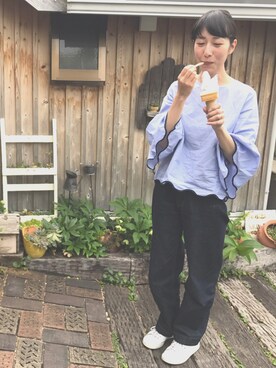「ZARA（ザラ）のアイテム（シャツ/ブラウス、ブルー系）」を使った、shuuuuさん（キッズ）の春コーディネート
