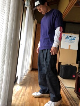 「NEONSIGN（ネオンサイン）のアイテム（帽子）」を使った、24さん（メンズ・170cm）の春コーディネート