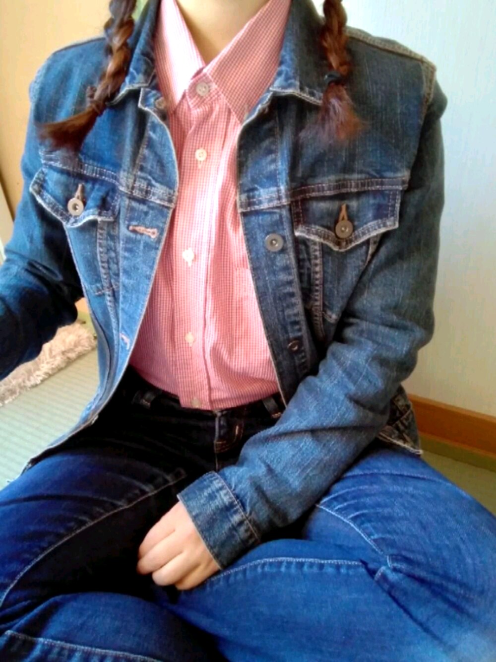 「ユニクロデニム、デニムオンデニム、柄シャツ大好き、デブでもオシャレしたい、おしゃれさんと繋がりたい、フォロー、イイネ、お気に入り登録お願いします♡」｜「古着のアイテム（シャツ/ブラウス、レッド系）」を使った、totowear21さん（レディース・152cm）の秋コーディネートの1枚目の写真