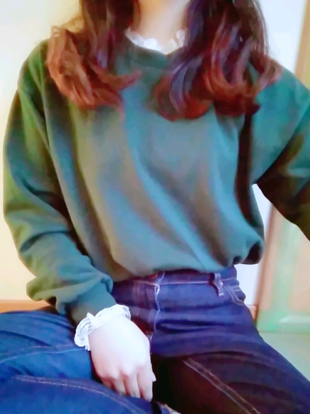 「スウェットコーデ、デニム大好きなんです、おしゃれさんと繋がりたい、デブでもオシャレしたい、フォロー、イイネ、お気に入り登録お願いします♡、ダサいぐらいが丁度良い、ダサくてもいい個性、楽ちんカジュアル」｜「WEGOのアイテム（スウェット、グリーン系）」を使った、totowear21さん（レディース・152cm）の秋コーディネートの1枚目の写真