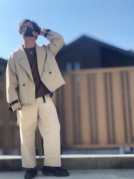 「shiki tokyo（シキトウキョウ）のOVERSIZED SHORT TRENCH BLOUSON / オーバーサイズショートトレンチブルゾン（ブルゾン）」を使った、小倉祐樹さん（メンズ・165cm）の秋コーディネート