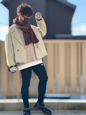 「shiki tokyo（シキトウキョウ）のOVERSIZED SHORT TRENCH BLOUSON / オーバーサイズショートトレンチブルゾン（ブルゾン）」を使った、小倉祐樹さん（メンズ・165cm）の冬コーディネート