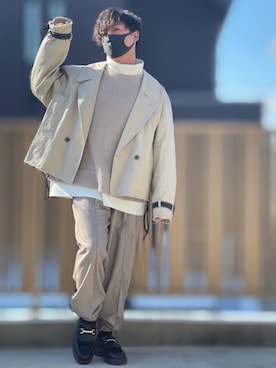 「shiki tokyo（シキトウキョウ）のOVERSIZED SHORT TRENCH BLOUSON / オーバーサイズショートトレンチブルゾン（ブルゾン）」を使った、小倉祐樹さん（メンズ・165cm）の冬コーディネート