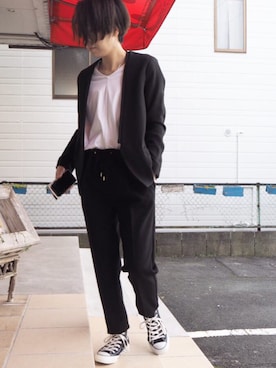 「So 1:1（ソウワンバイワン）のアイテム（ノーカラージャケット）」を使った、clever elephantさん（レディース・153cm）の冬コーディネート