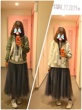 「earth music&ecology（アースミュージックアンドエコロジー）のアイテム（MA-1）」を使った、EVAN🙈さん（レディース・158cm）の春コーディネート