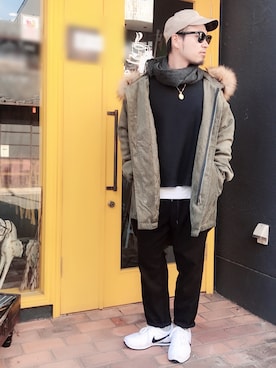 「no brand（ノーブランド）のアイテム（モッズコート）」を使った、Tiiiさん（メンズ・160cm）の秋コーディネート