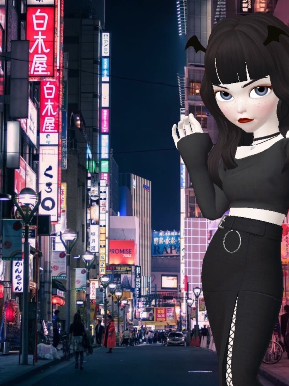 「東京、ブラックコーデ、オールブラック、チョーカー、スリッドスカート、Zepeto」｜「MURUAのハイウエストペンシルスカート（スカート、ブラック系）」を使った、Mさん（レディース・150cm）の冬コーディネートの1枚目の写真