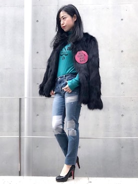 「クラッシュデニム」｜「アイテム（ムートンコート）」を使った、sugiyama.sさん（レディース・157cm）の冬コーディネート