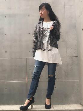 「アイテム（ライダースジャケット、シルバー系）」を使った、sugiyama.sさん（レディース・157cm）の秋コーディネート