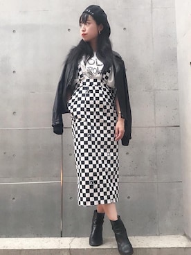 「チェッカー柄」｜「アイテム（オールインワン・サロペット）」を使った、sugiyama.sさん（レディース・157cm）の秋コーディネート