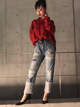 「リメイクデニム」｜「アイテム（パンプス）」を使った、sugiyama.sさん（レディース・157cm）の冬コーディネート