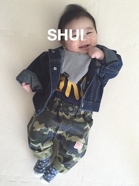 「OSHKOSH（オシュコシュ）のアイテム（デニムジャケット）」を使った、shu---i♡さん（キッズ・60cm）の春コーディネート