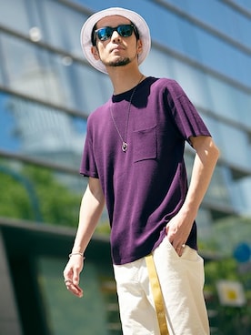「NANO universe（ナノユニバース）のテンセルリネン半袖ニット（Tシャツ/カットソー）」を使った、nano・universe men's STAFFさん（メンズ・178cm）の夏コーディネート