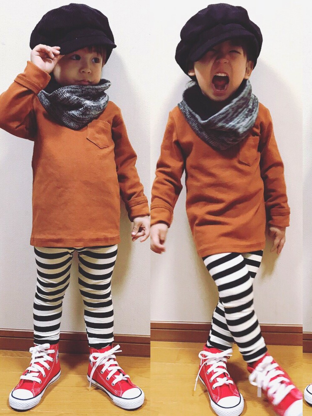 「韓国子供服のアイテム（トップス、ブラウン系）」を使った、しんしんさん（キッズ・100cm）の秋コーディネートの1枚目の写真