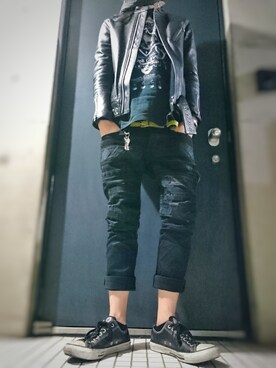 「Undercoverism（アンダーカバイズム）のアイテム（ライダースジャケット）」を使った、躾さん（メンズ・178cm）の冬コーディネート