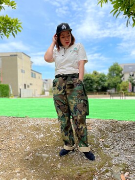 「ワイドシルエット」｜「アイテム（ミリタリージャケット）」を使った、misiaさん（レディース・165cm）の夏コーディネート