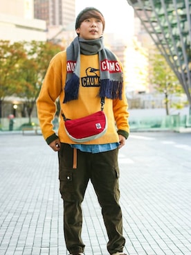 「CHUMS（チャムス）のアイテム（ニット/セーター）」を使った、たねやんさん（メンズ・174cm）の冬コーディネート