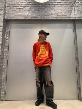 「HYSTERIC GLAMOUR（ヒステリックグラマー）のDEVIL MADE ME DO IT編込 セーター（ニット/セーター、レッド系）」を使った、taichiさん（メンズ・174cm）の夏コーディネート