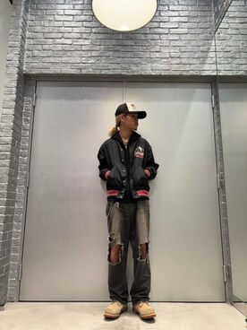 「HYSTERIC GLAMOUR（ヒステリックグラマー）のMAKE ME SMILE スタジアムジャケット（ブルゾン、ブラック系）」を使った、taichiさん（メンズ・174cm）の秋コーディネート