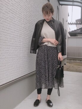 「ママファッション」｜「アイテム（ライダースジャケット）」を使った、sanaさん（レディース・156cm）の春コーディネート