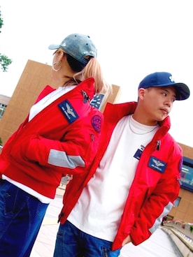 「アイテム（ミリタリージャケット、レッド系）」を使った、minagawaさん（レディース・152cm）の秋コーディネート