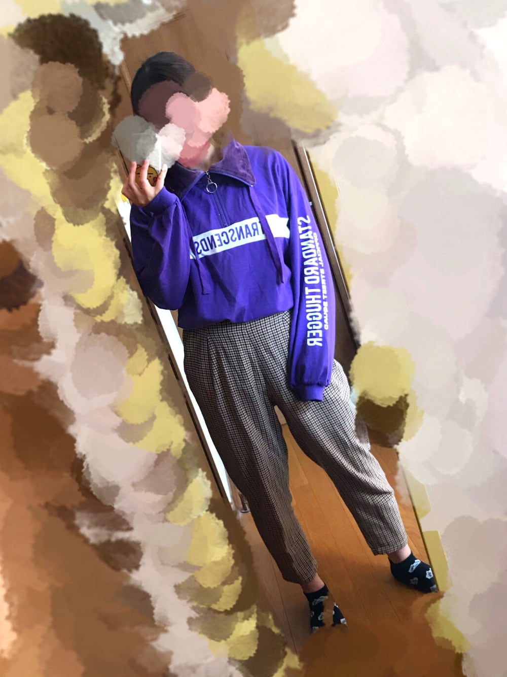 「韓国ファッション、冬、ootd、パープル」｜「RASVOAのラインロゴオフタートルプルオーバー（スウェット、パープル系）」を使った、meさん（レディース・162cm）の冬コーディネートの1枚目の写真