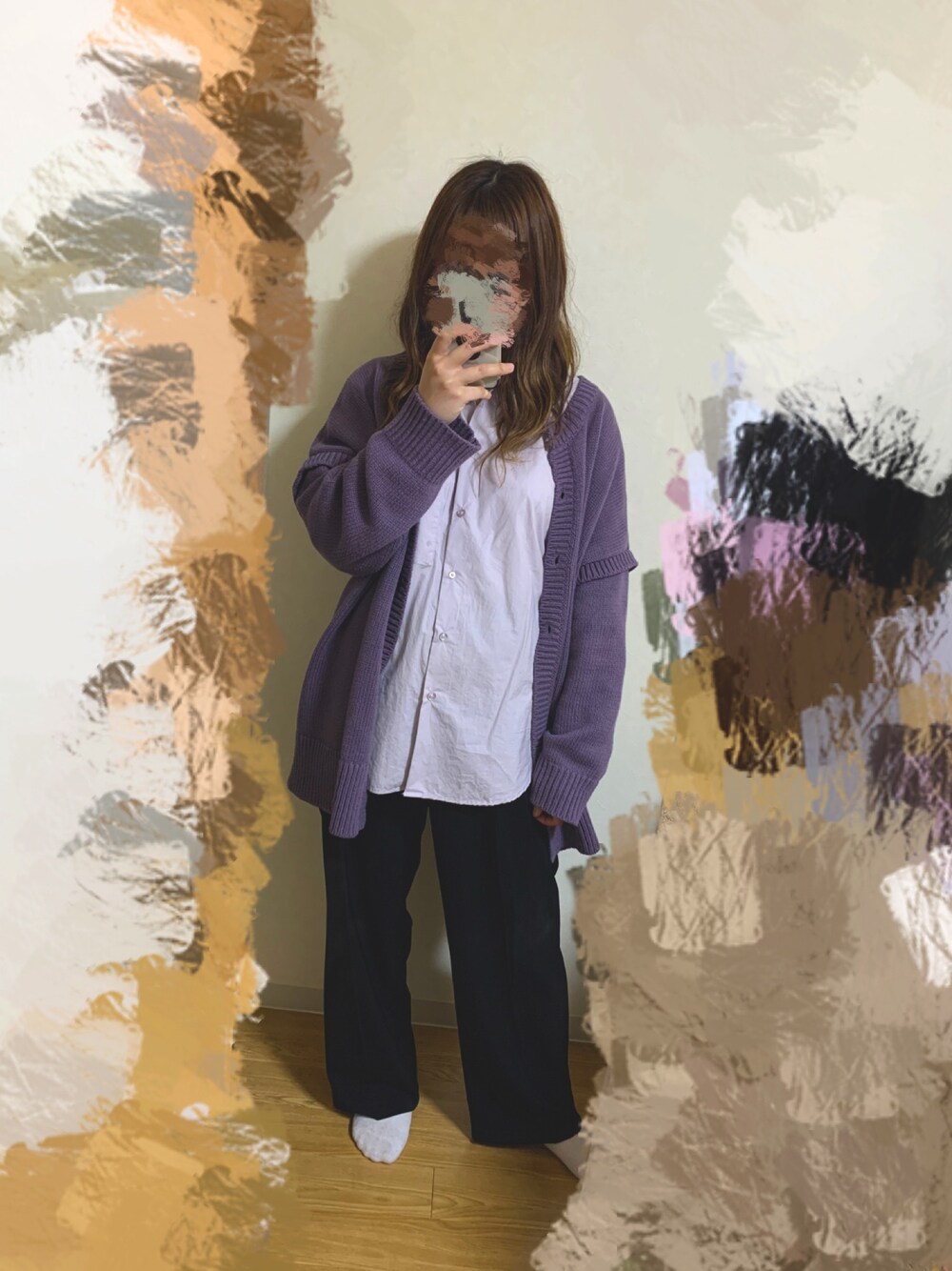 「ゆるコーデ、ootd、outfit、パープル×黒」｜「AMERICAN HOLICのアイテム（シャツ/ブラウス、パープル系）」を使った、meさん（レディース・162cm）の春コーディネートの1枚目の写真