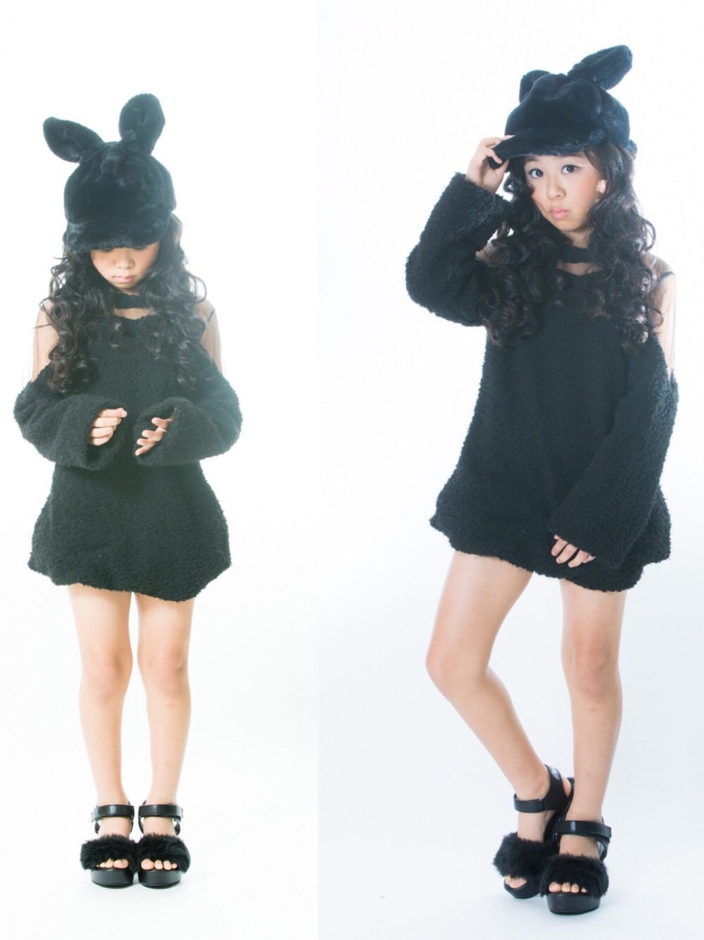「kids、kidsfashion、KIDSｺｰﾃﾞ、kidsmodel、キッズファッション、キッズコーデ、シンプルコーデ、冬、うさみみ、ふわふわ」｜「by LOVEiTのファー付きサンダル（サンダル、ブラック系）」を使った、林 未羽さん（キッズ・130cm）の冬コーディネートの1枚目の写真