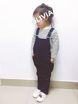 「BRANSHES（ブランシェス）の7ozデニムサロペット（サロペット/オーバーオール、ブルー系）」を使った、oliviaさん（キッズ・120cm）の春コーディネート