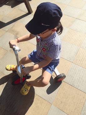 「X-girl（エックスガール）のアイテム（シャツ/ブラウス、ブルー系）」を使った、oliviaさん（キッズ・120cm）の夏コーディネート