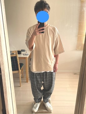 「CASPER JOHN（キャスパージョン）のSide Lace Mockneck Big T-shirts/サイドレースモックネックビッグT（Tシャツ/カットソー、ベージュ系）」を使った、むねりんさん（メンズ・165cm）の春コーディネート