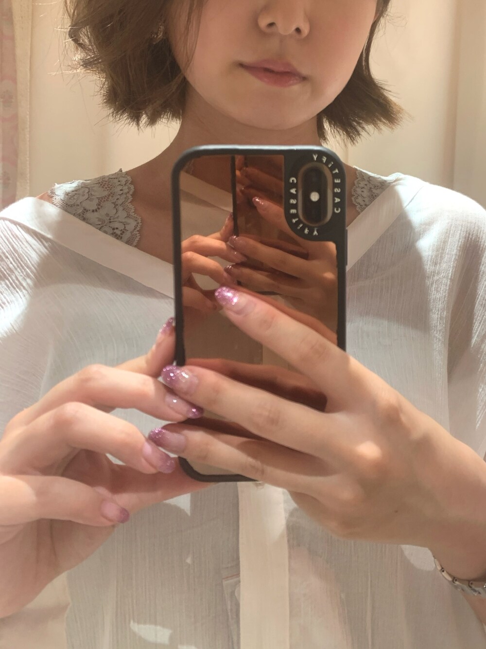 「インナー、これが私をアゲる服、プチプラコーデ、オフショル、レースインナー、ゆるコーデ、花柄、earth music&ecology、ワンピース、Vネック」｜「earth music&ecologyのレース付きリブタンクトップ ＊（タンクトップ、ブルー系）」を使った、まいさん（レディース・158cm）の春コーディネートの1枚目の写真