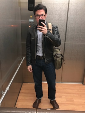 「working style」｜「アイテム（ライダースジャケット）」を使った、Kirk Changさん（メンズ・174cm）の冬コーディネート