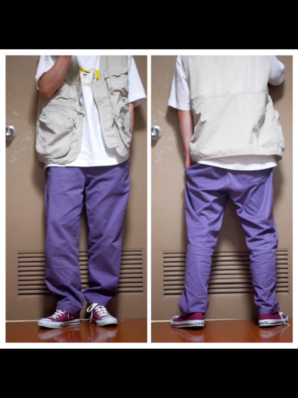 パープル系のパンツ、パープル系のスニーカー、ベージュ系のベストを着用したメンズの春コーディネートの1枚目の写真