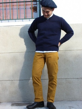 「アイテム（ハンチング/ベレー帽）」を使った、JAPAN BLUEさん（メンズ・170cm）の春コーディネート