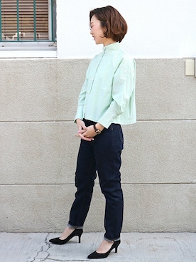 「テーパードデニム」｜JAPAN BLUEさん（レディース・163cm）の春コーディネート