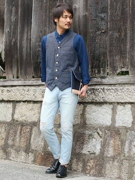 「アイテム（クラッチバッグ）」を使った、JAPAN BLUEさん（メンズ・176cm）の春コーディネート