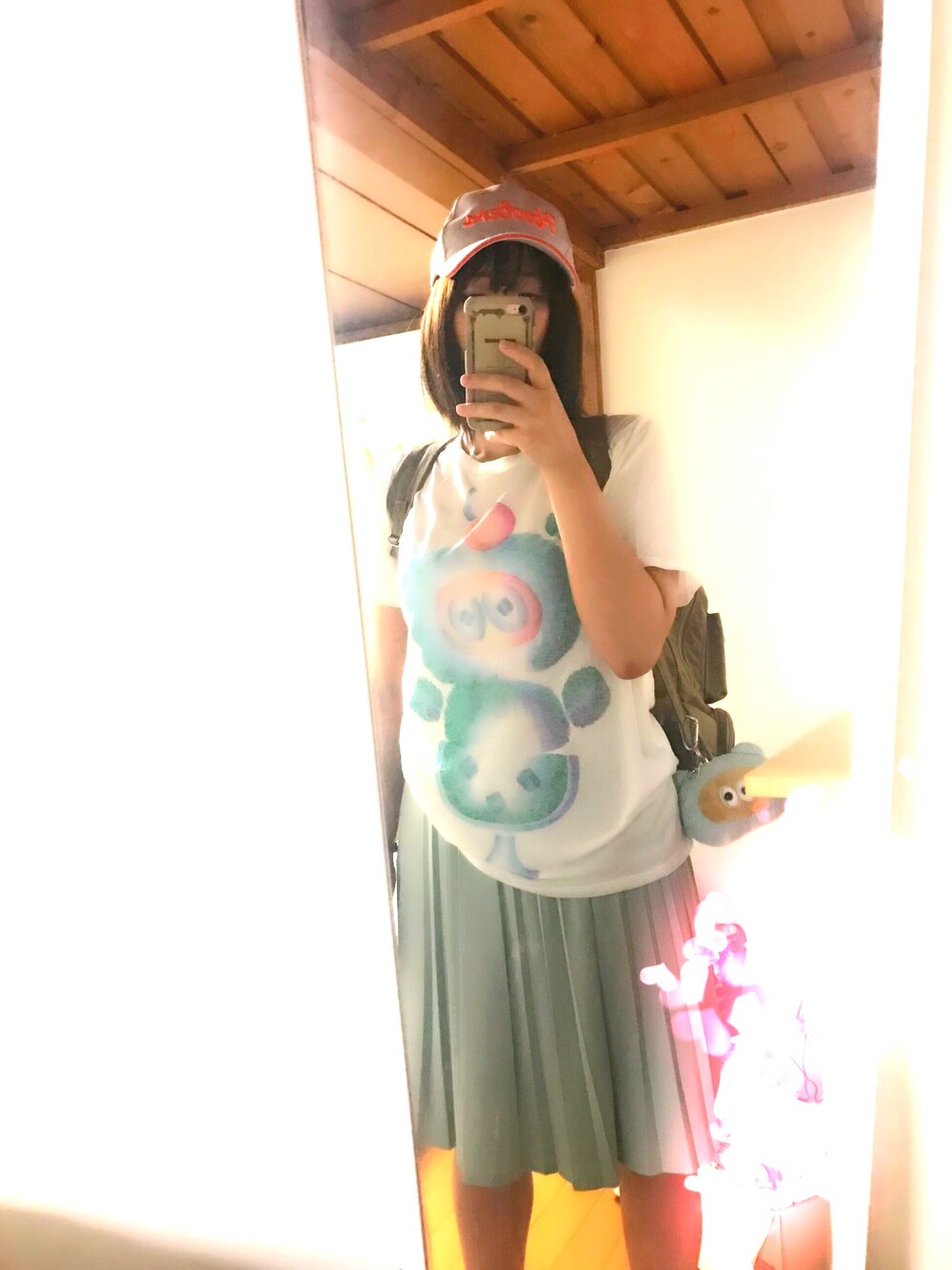 「たぬきゅんグッズのアイテム（Tシャツ/カットソー、グリーン系）」を使った、オシャレになりたい人さん（レディース・156cm）の夏コーディネートの1枚目の写真