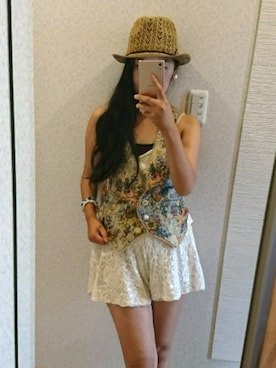 「小花柄」｜「アイテム（オールインワン・サロペット）」を使った、RURUMIさん（レディース・155cm）の夏コーディネート