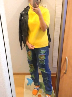 「ネオンイエロー」｜「アイテム（ジャケット/アウター）」を使った、RURUMIさん（レディース・155cm）の秋コーディネート
