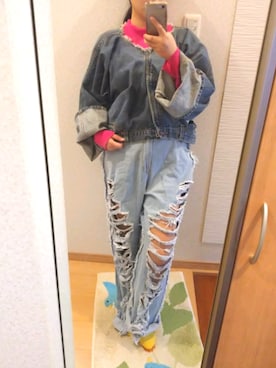 「リメイクデニム」｜「アイテム（ニット/セーター）」を使った、RURUMIさん（レディース・155cm）の冬コーディネート