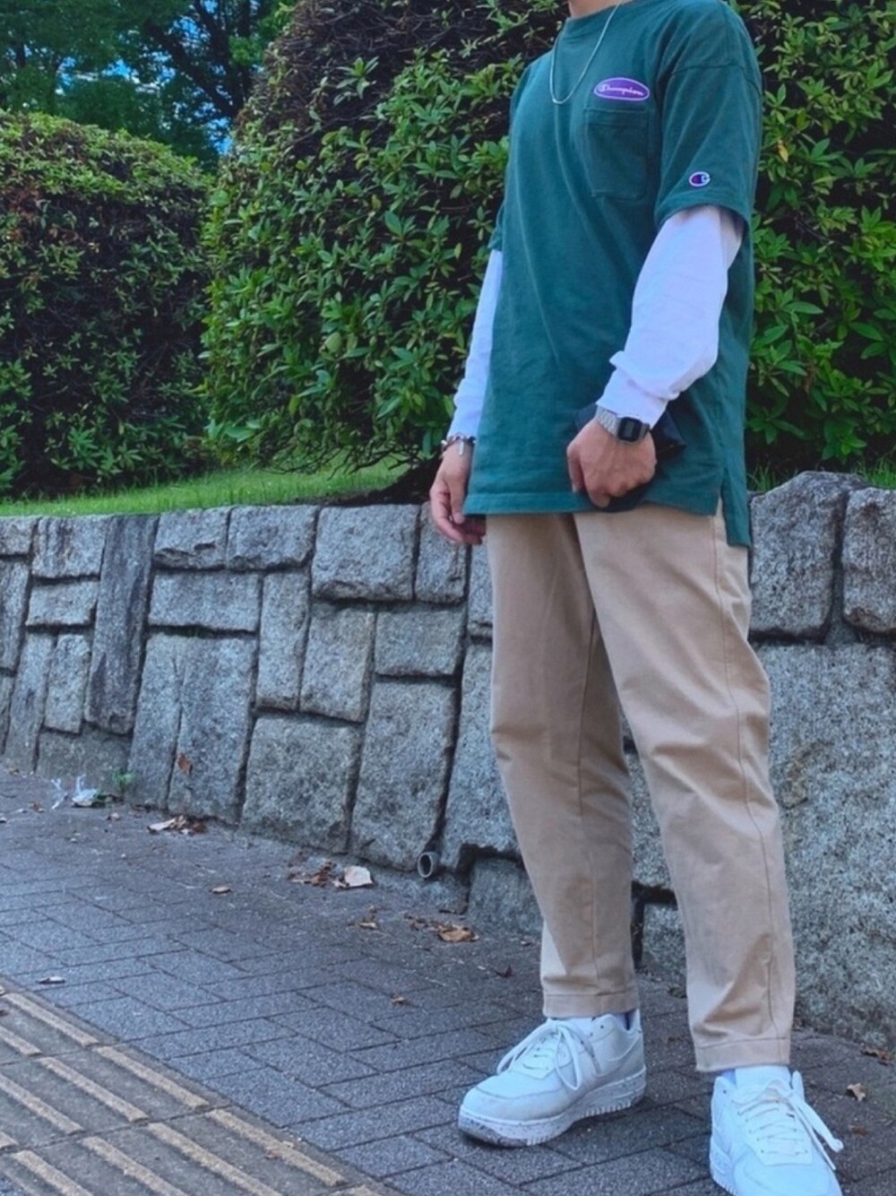 「低身長、重ね着、低身長コーデ、Champion、チャンピオン、ショッピング」｜「Championのアイテム（Tシャツ/カットソー、グリーン系）」を使った、ハルッポさん（メンズ・163cm）の春コーディネートの1枚目の写真