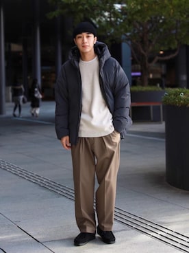 「RECOMMEND  ITEM STYLING」｜「アイテム（ダウンジャケット/コート）」を使った、植田拓真さん（メンズ・174cm）の秋コーディネート