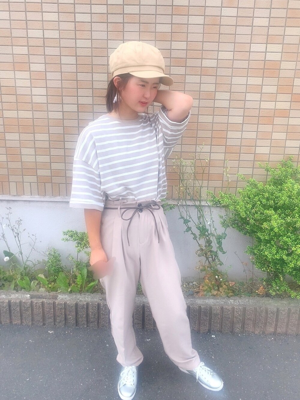 「低身長、ラフ、ベージュ、ボーダー、初心者コーデ、初心者投稿、アプレジュール、おしゃれになりたい、ファション初心者、休日スタイル」｜「apres jourのロールアップボーダーＴ【ZOZOTOWN限定アイテム】（Tシャツ/カットソー、ベージュ系）」を使った、puuu24mさん（レディース・153cm）の春コーディネートの1枚目の写真