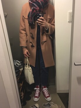 「チャックテイラー」｜「アイテム（ダッフルコート）」を使った、mㅁさん（レディース・168cm）の冬コーディネート