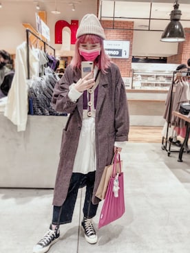 「アイテム（ダッフルコート、パープル系）」を使った、Yü♡さん（レディース・169cm）の冬コーディネート