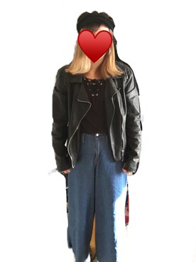 「stradivarius（ストラディバリウス）のアイテム（ライダースジャケット）」を使った、Asami.さん（レディース・155cm）の冬コーディネート