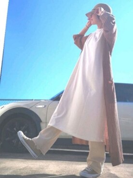 「Chaco closet（チャコ クローゼット）のバルーンスリーブ7分袖ポケット付きミニ裏毛Aラインスウェットワンピース（ワンピース）」を使った、RIyO.さん（レディース・157cm）の夏コーディネート