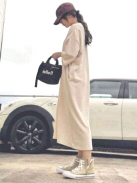 「Chaco closet（チャコ クローゼット）のバルーンスリーブ7分袖ポケット付きミニ裏毛Aラインスウェットワンピース（ワンピース）」を使った、RIyO.さん（レディース・157cm）の夏コーディネート